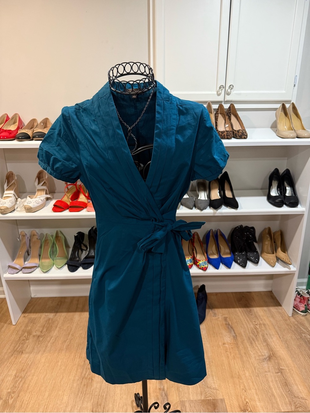 The Limited Teal Wrap Dress with Short Puff Sleeves